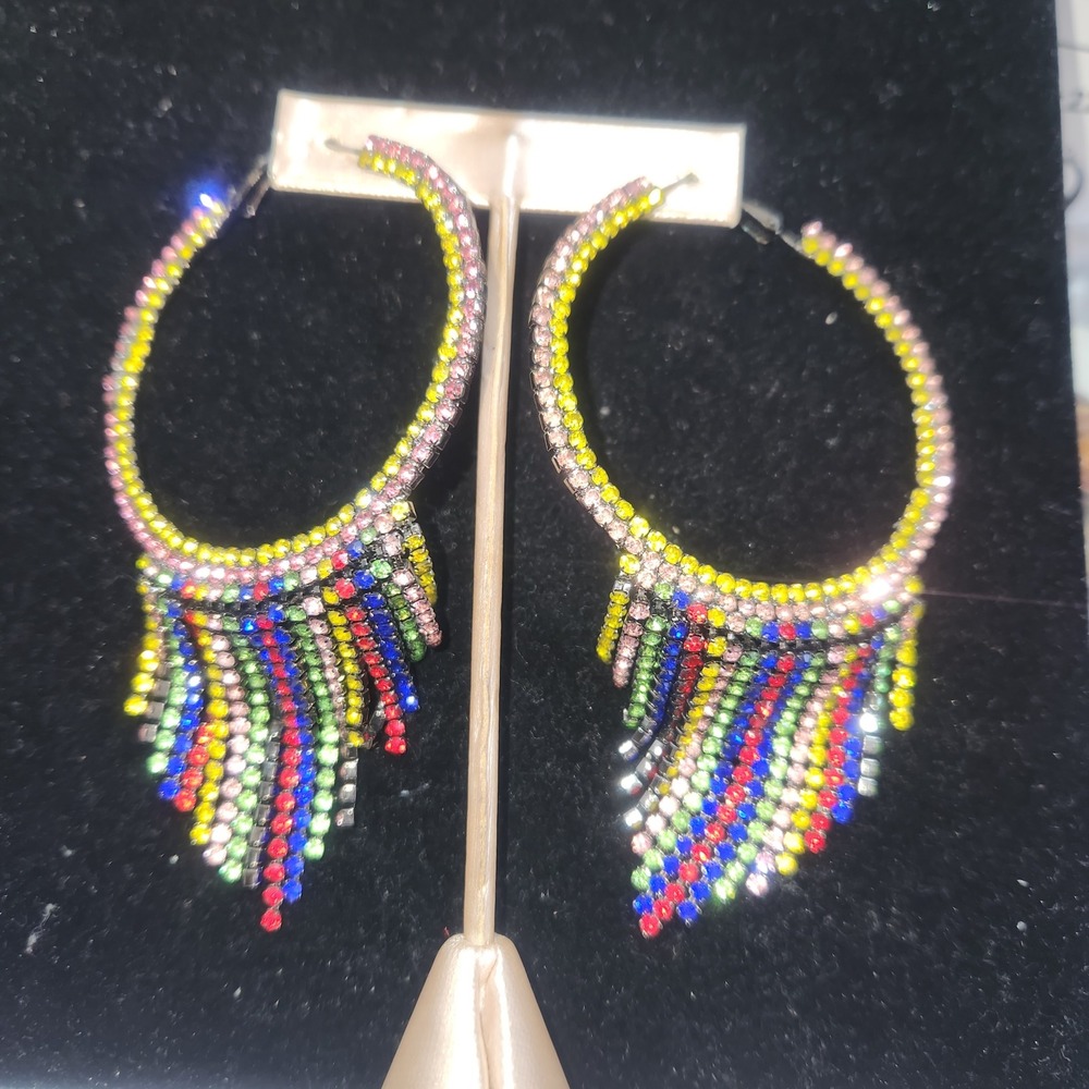 Multi Color Rhinestone Fringe Hoop Earrings Rainbow Crystal Tassel Statement